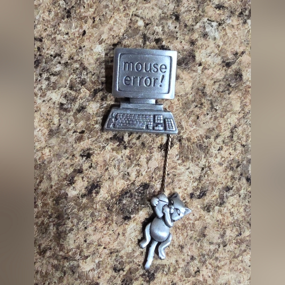 Vintage JJ Jonette Pewter Computer With Dangling Cat Mouse Error Brooch